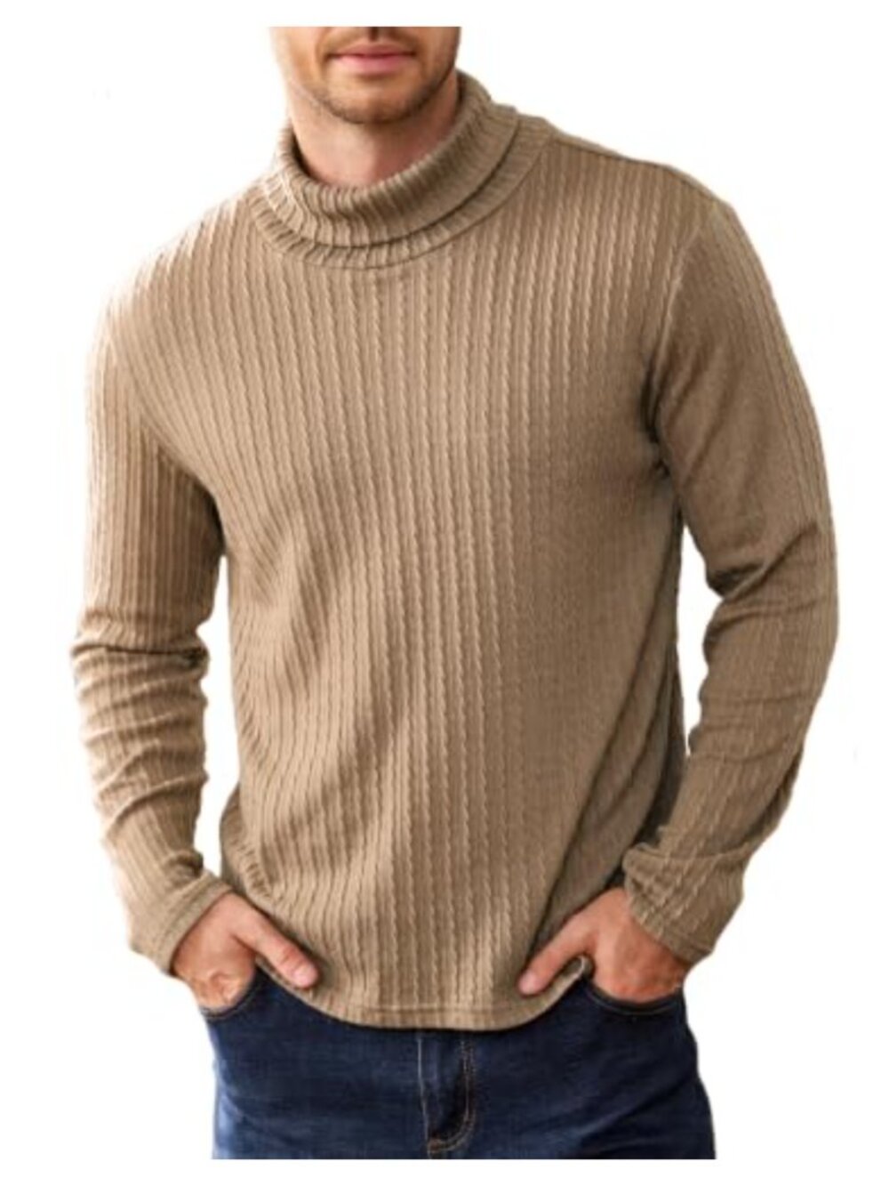 Mens Turtleneck Slim Fit Cable Knit Lightweight Pullover Sweater